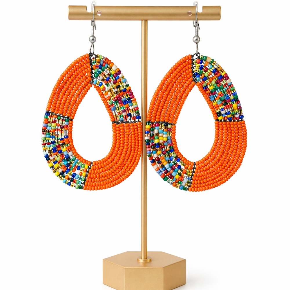 Boho Orange‎ Seed Beaded Teardrop Earrings Handmade Style Statement
